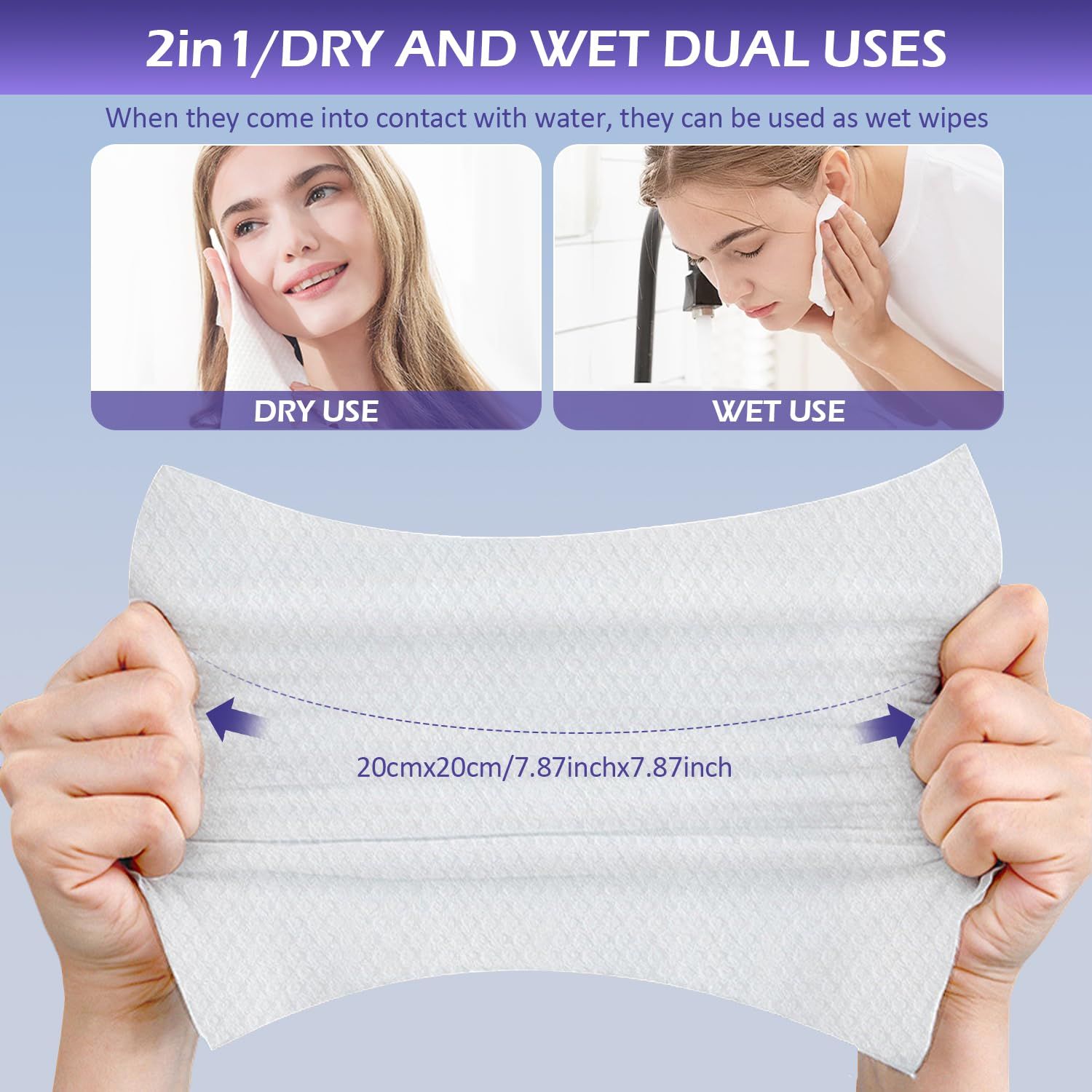 Demonstrates the product's versatility by showing two distinct use cases—dry use for facial cleansing and wet use as a wipe—to communicate flexibility and value. Provides exact physical dimensions…