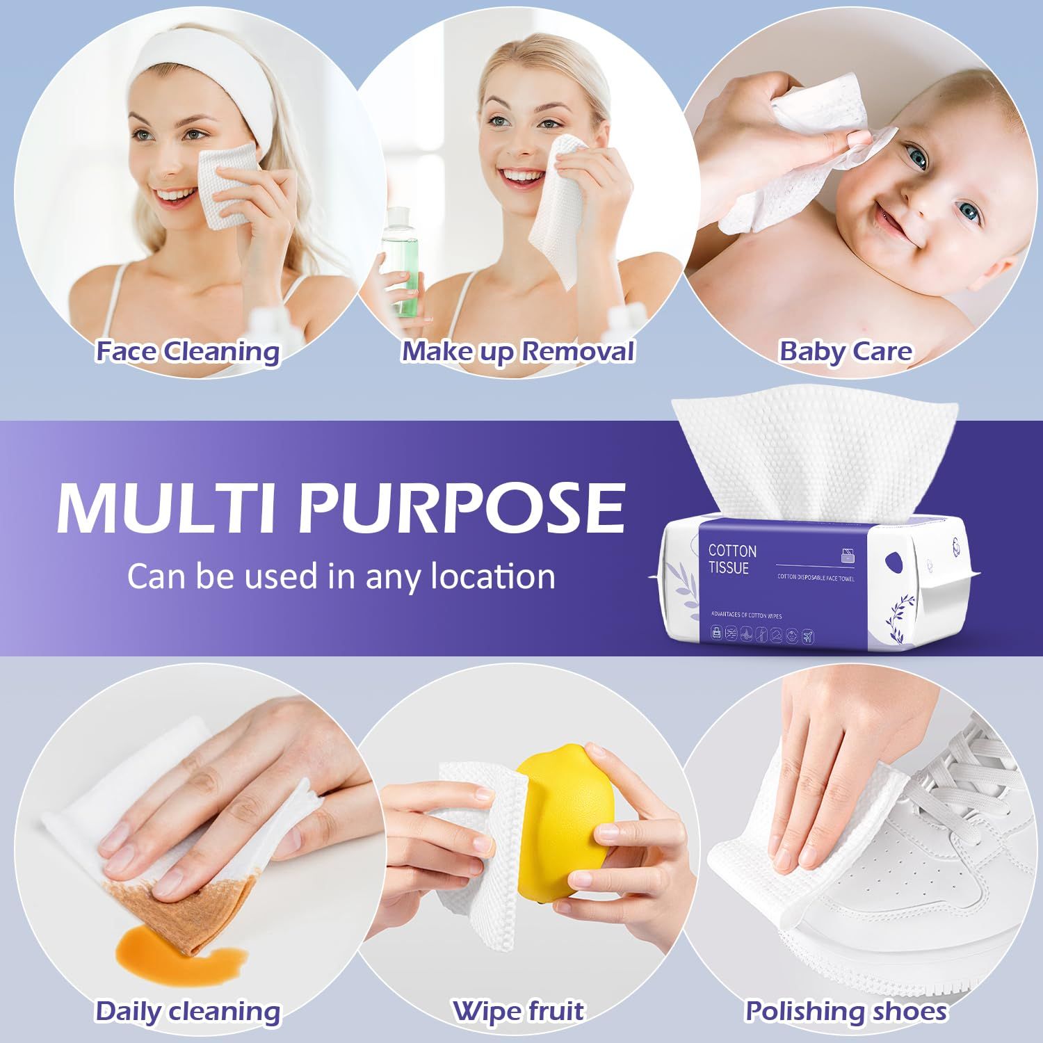 Demonstrates the versatility of the cotton tissue product by showing six different use cases across personal care, baby care, household cleaning, and food preparation to communicate its…