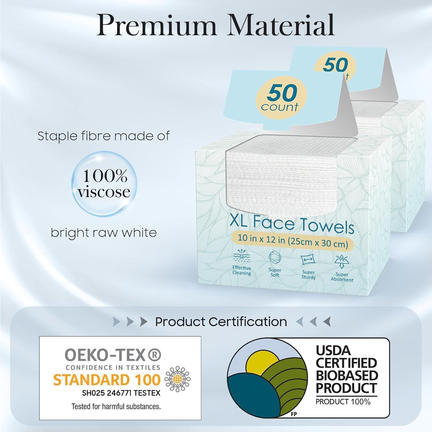 Communicates multiple product benefits including premium material composition, size specifications, and key performance features (softness, sturdiness, absorbency) to reassure shoppers of quality…