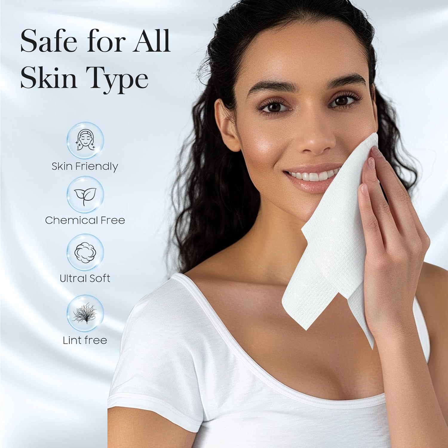 Communicates multiple product benefits in a segmented layout to reassure shoppers that the product is safe, gentle, and high-quality for all skin types.