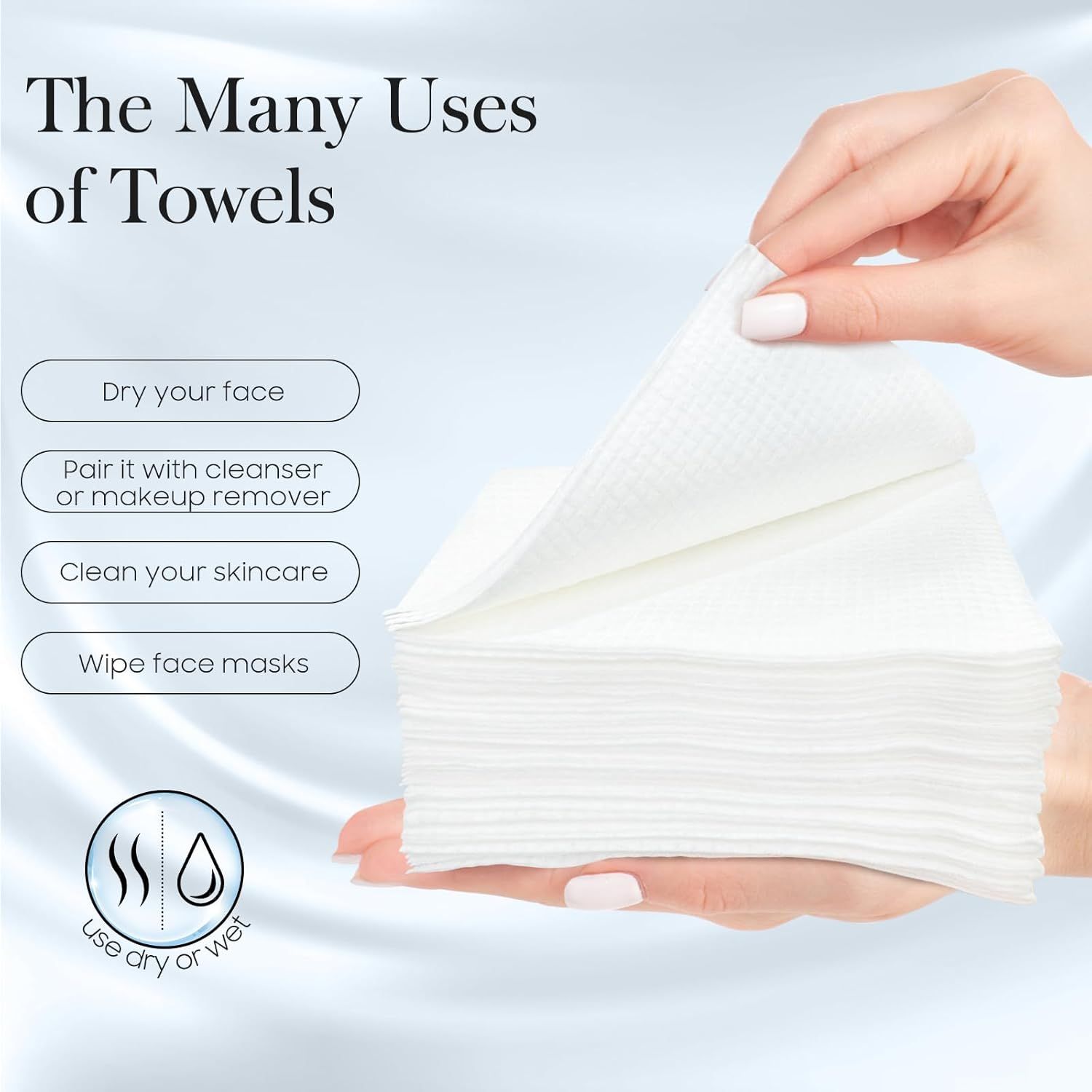 Demonstrates the versatility of the towels by showing multiple skincare and face-care applications, reassuring shoppers that the product serves many purposes.