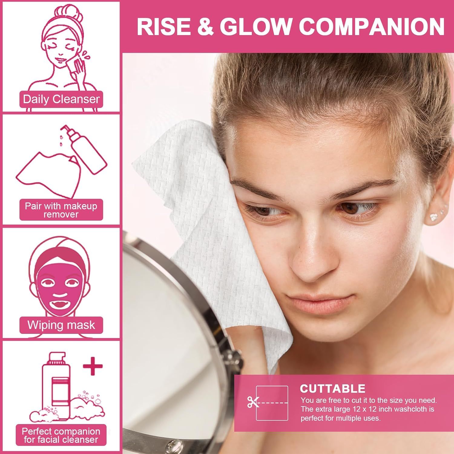 Demonstrates a step-by-step skincare routine showing how to use the washcloth as a companion product with daily cleanser, makeup remover, and face masks to educate shoppers on proper usage. Shows…