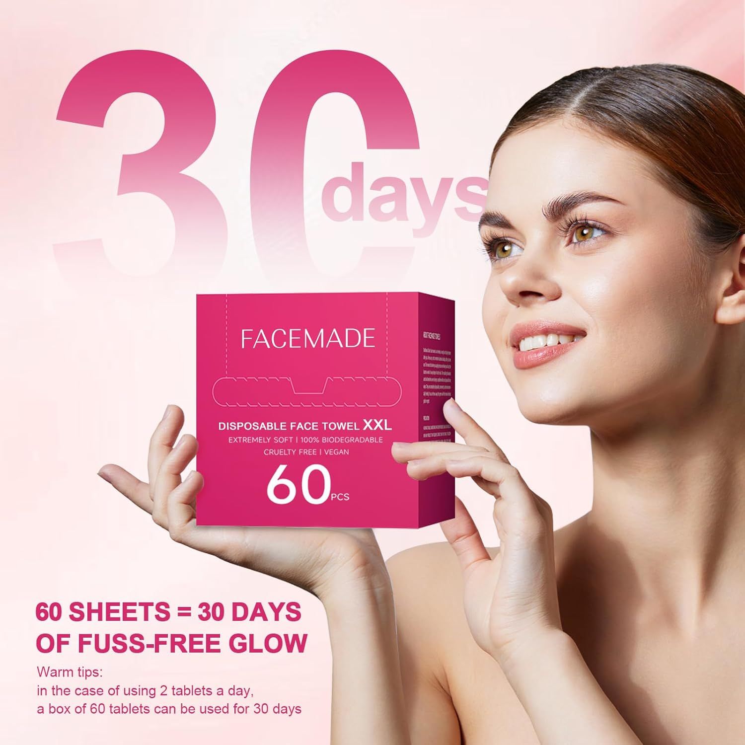 Communicates the product's quantity and duration of use (60 sheets = 30 days) to help shoppers understand the value and supply length they're purchasing. Highlights the key benefit of achieving…