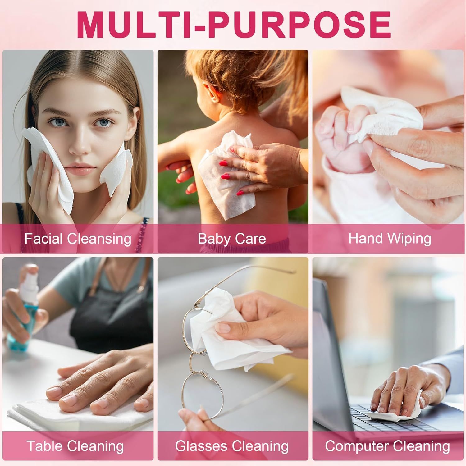 Demonstrates the versatility of the product by showing six distinct use cases across personal care, childcare, and household cleaning to communicate that one product serves multiple needs.