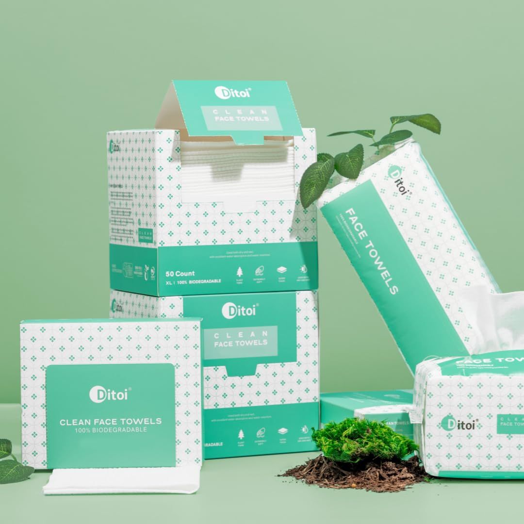 Showcases the Ditoi brand's face towel product line in multiple packaging formats, emphasizing the brand's eco-friendly positioning with biodegradable messaging and natural styling elements.