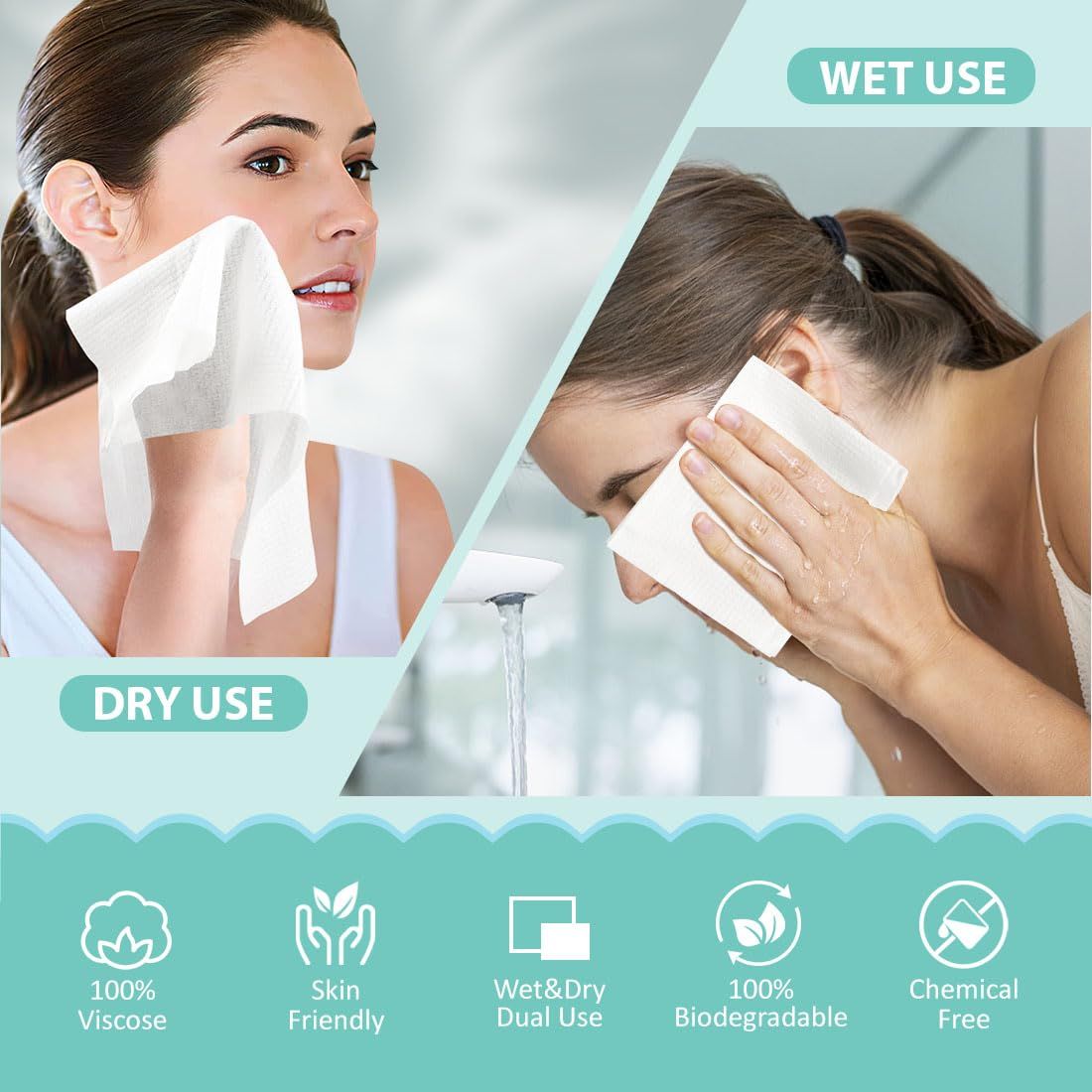 Demonstrates the product's versatility by showing it can be used both dry (for wiping) and wet (for cleansing), reassuring shoppers of its multi-functional convenience. Highlights multiple product…