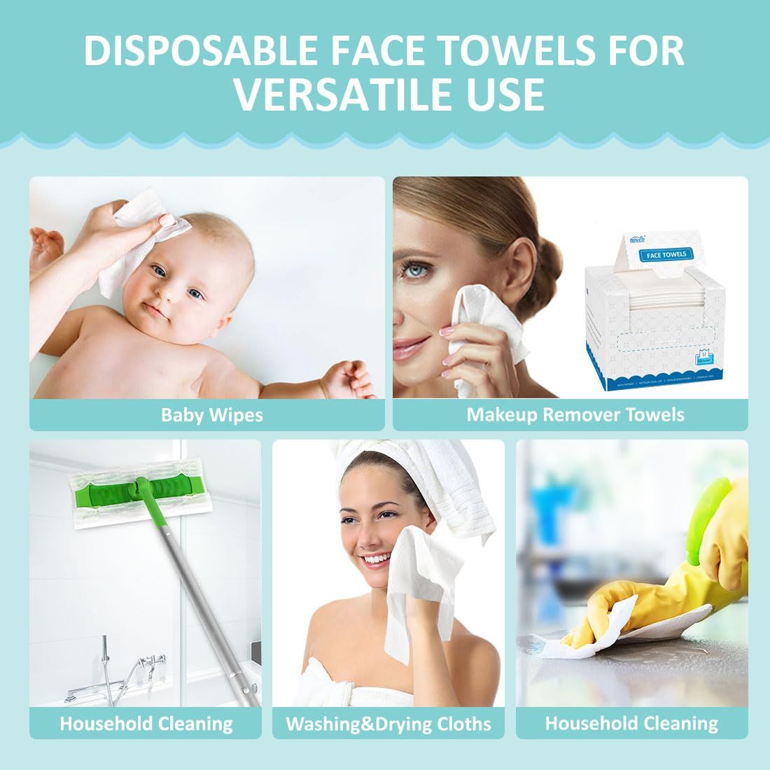 Demonstrates the versatility of the disposable face towels by showing multiple real-world applications across baby care, beauty, and household cleaning to communicate the product's multi-purpose…