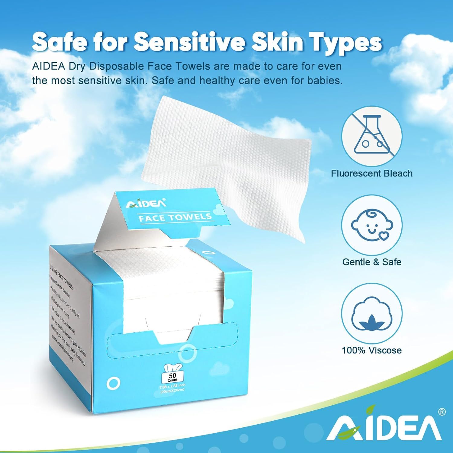 Communicates multiple safety and material benefits to reassure shoppers that the face towels are safe for sensitive skin, baby-friendly, and made from quality materials.