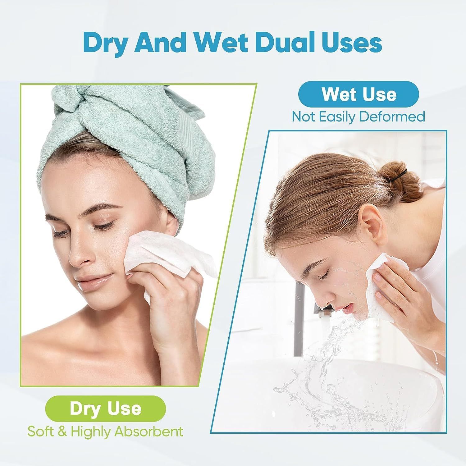 Demonstrates the product's versatility by showing it can be used both dry (for soft, absorbent face cleansing) and wet (for durable use without deformation), reassuring shoppers of its dual…