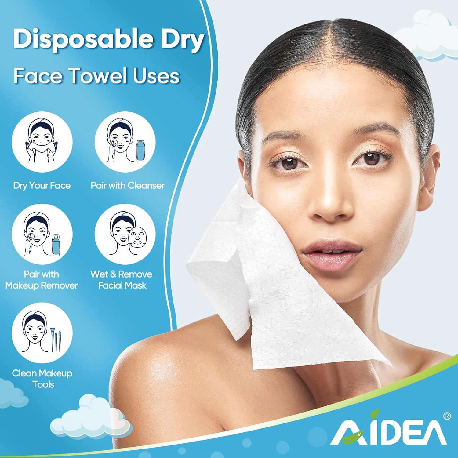 Demonstrates the multiple ways disposable dry face towels can be used in a skincare routine, including drying face, pairing with cleanser, removing makeup, removing facial masks, and cleaning makeup…
