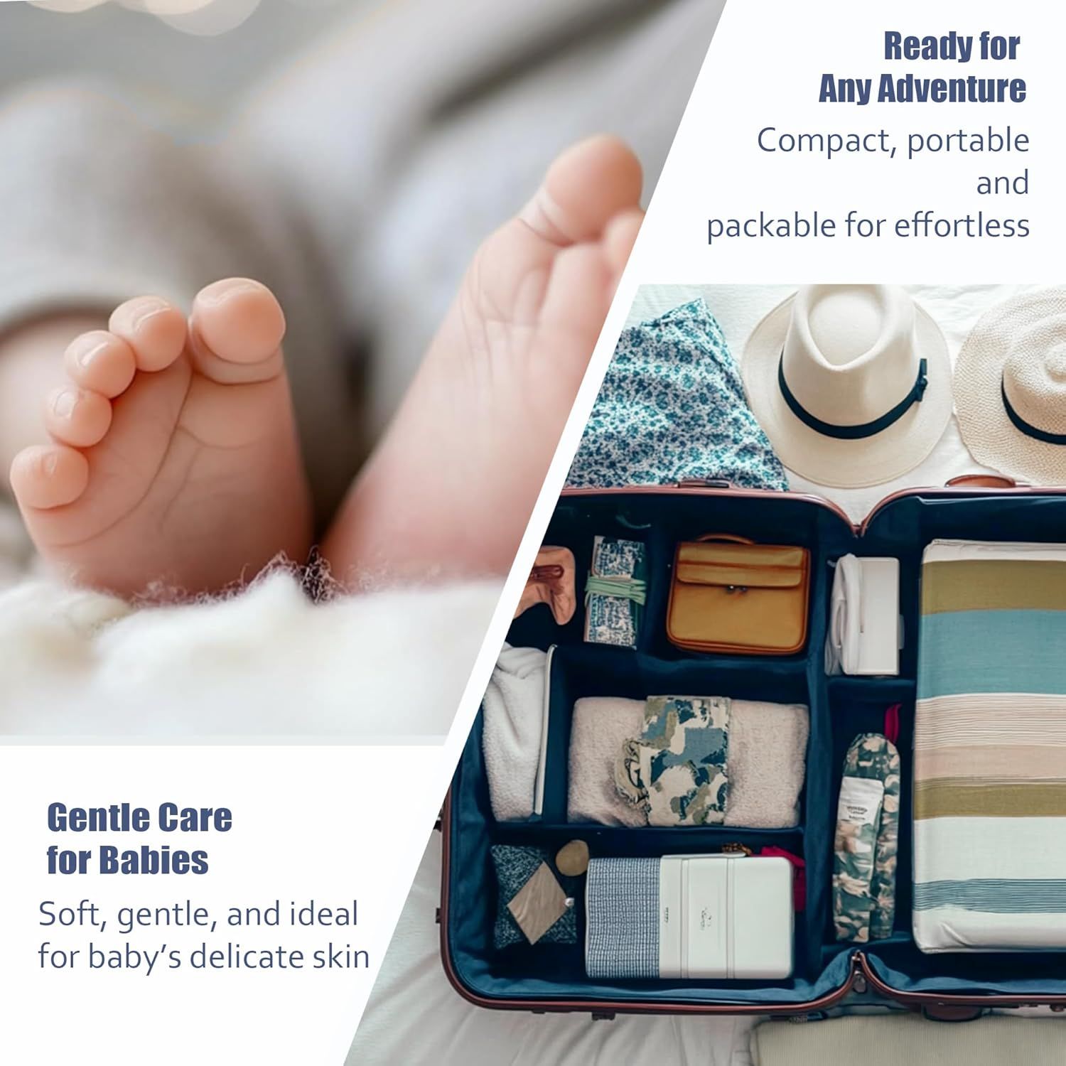 Communicates two distinct product benefits: the product's compact, portable design for travel and its gentle, safe formulation for baby's delicate skin.