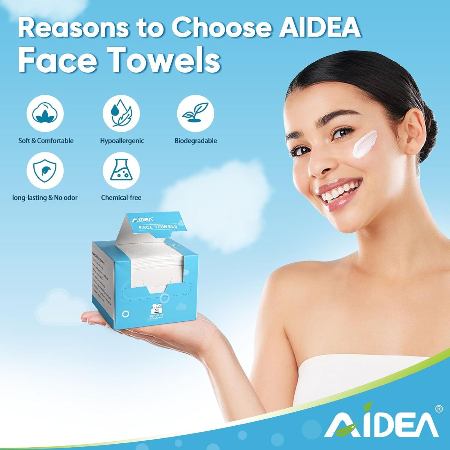 Communicates multiple distinct benefits of AIDEA Face Towels through a segmented icon-based layout to help shoppers understand why this product is superior across several key attributes.