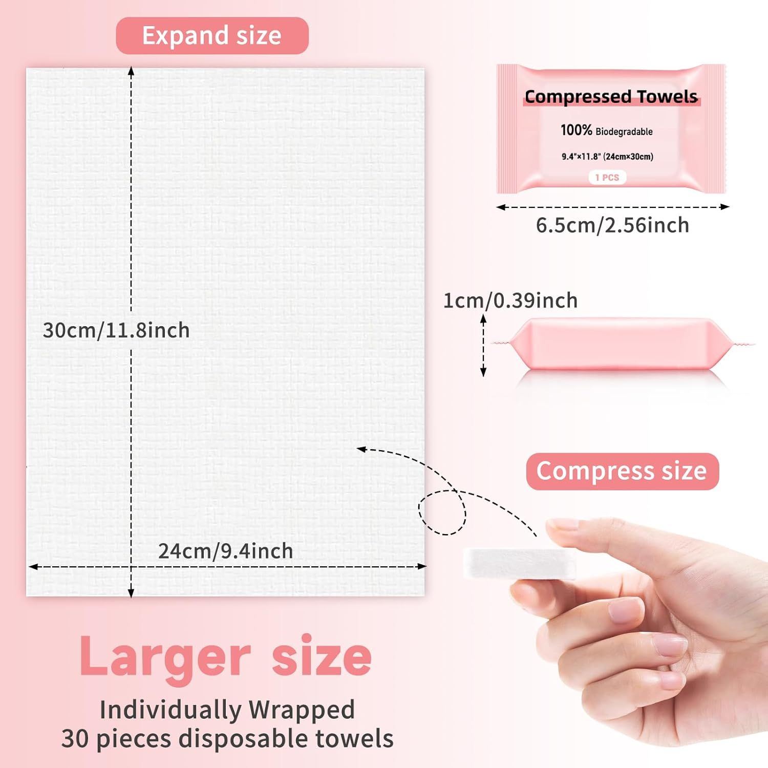 Demonstrates the product's compact compressed size for portability and its larger expanded size for actual use, helping shoppers understand the space-saving convenience and functional dimensions.