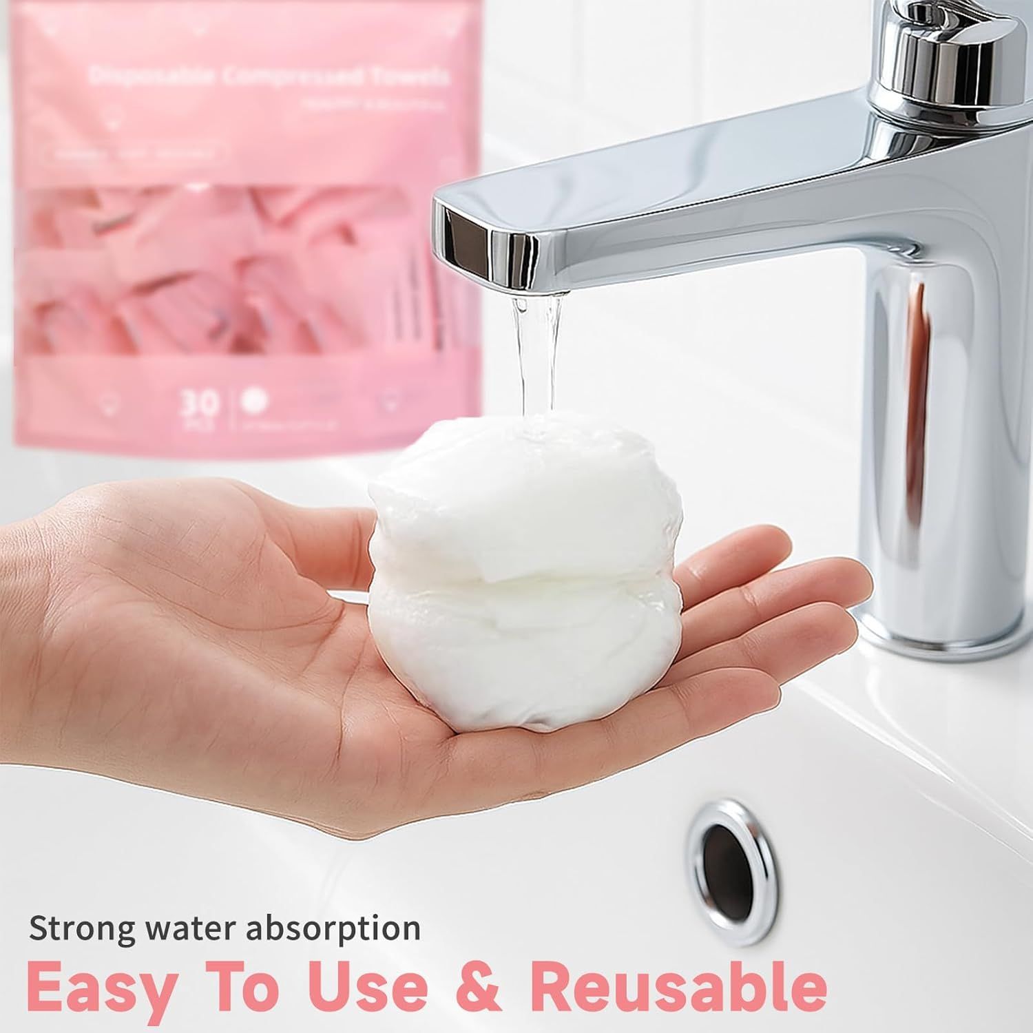 Demonstrates the product's strong water absorption capability and reusability, showing how it expands when wet and can be used repeatedly for cleaning or skincare routines.