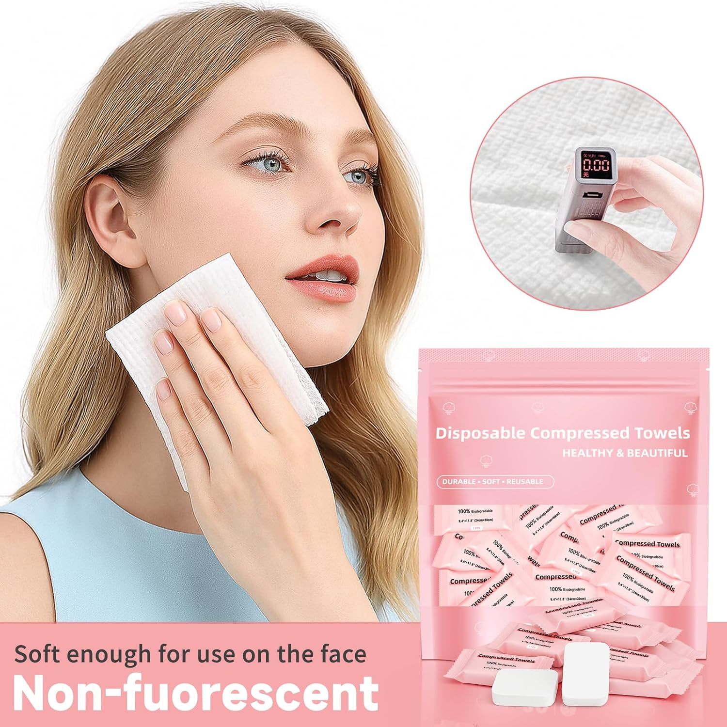 Demonstrates how to use the compressed towels by showing the rehydration process in the circular inset and the application on the face, reassuring shoppers about ease of use. Highlights the…