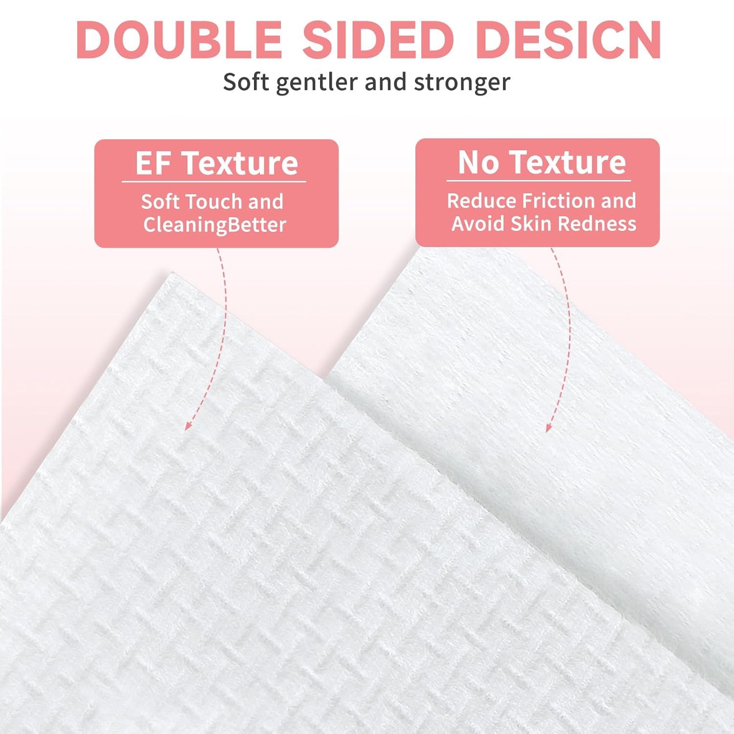 Explains the dual-sided construction of the product, highlighting that one side has an EF texture for soft touch and better cleaning, while the other side has no texture to reduce friction and avoid…