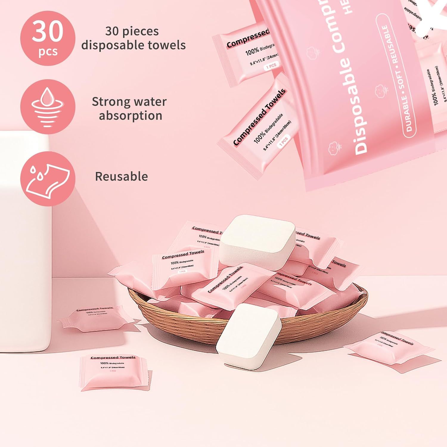 Communicates three distinct product benefits in a visually segmented layout with icons: the quantity included, water absorption capability, and reusability to help shoppers understand key selling…