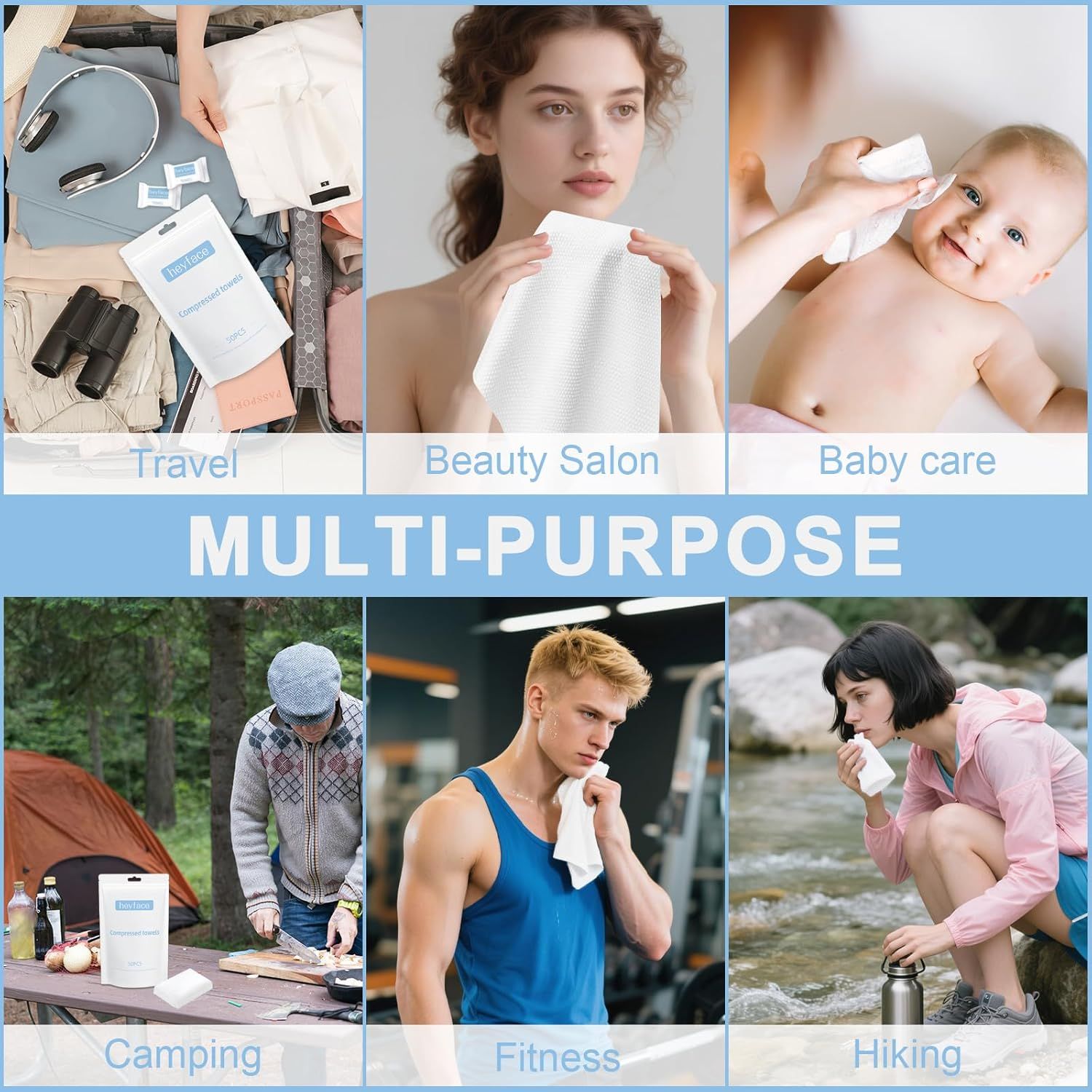 Demonstrates the versatility of the product (likely disposable towels or wipes) by showing six distinct use-case scenarios where it can be applied, reassuring shoppers that this is a flexible,…