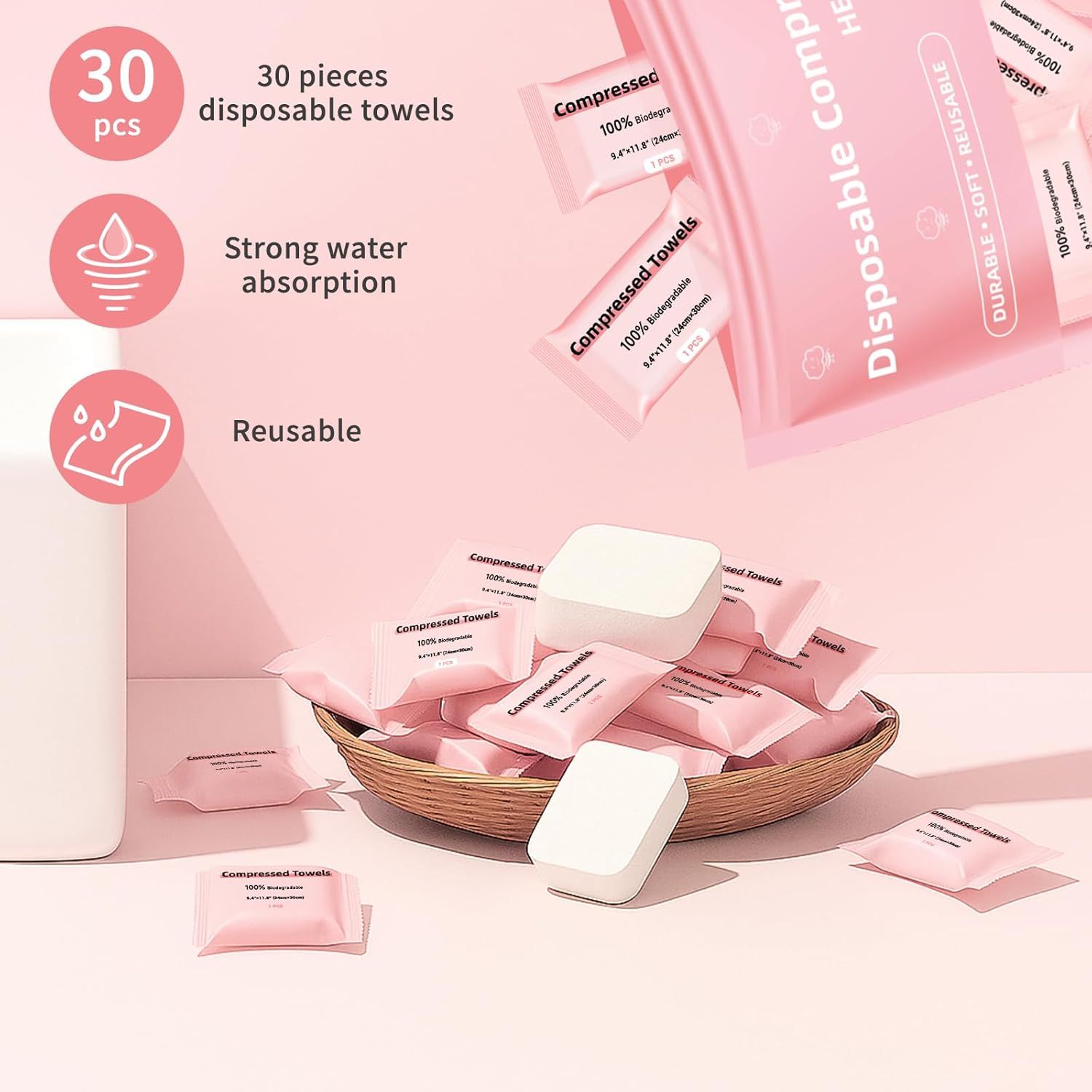 Communicates three distinct product benefits in a segmented layout with icons: quantity (30 pieces), water absorption capability, and reusability to reassure shoppers of the product's value and…