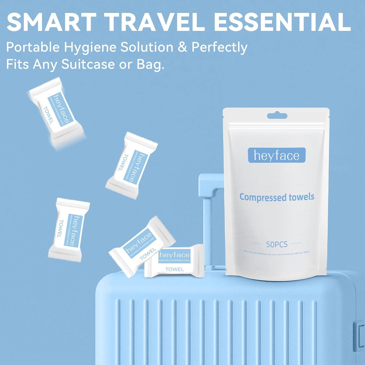 Communicates that the compressed towels are a smart travel essential that is portable, compact, and fits easily in any suitcase or bag for convenient hygiene on the go.