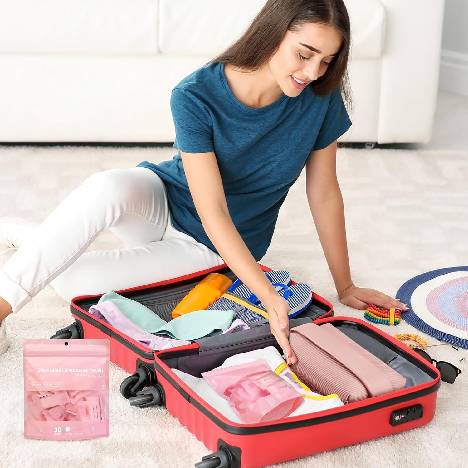 Shows the product in a real-world travel packing scenario to help shoppers visualize how they would use the suitcase or packing organizers in their own lives.