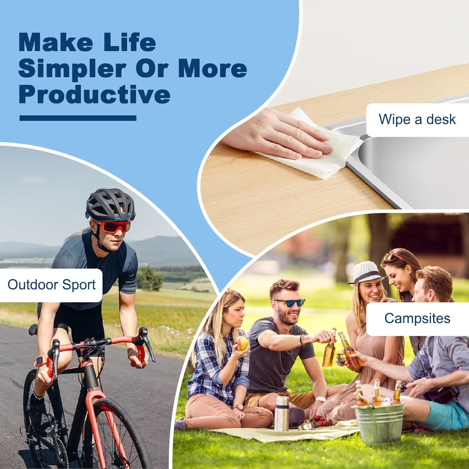Demonstrates the product's versatility by showing three distinct use scenarios—outdoor sports, desk/office cleaning, and camping—to communicate that it works across multiple environments and…