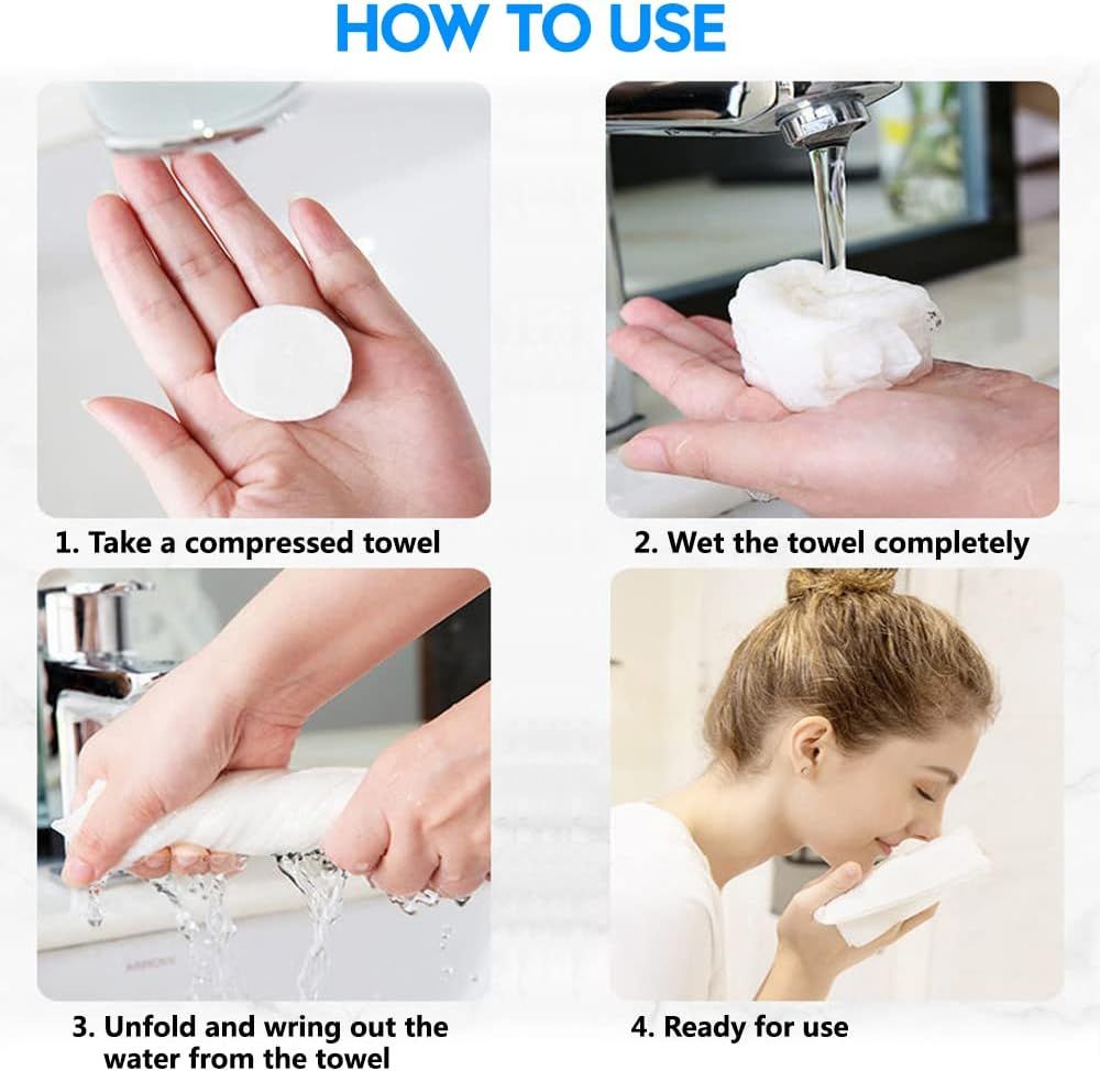Demonstrates the 4-step process for using compressed towels, showing shoppers exactly how to activate and use the product from compressed form to ready-to-use towel.