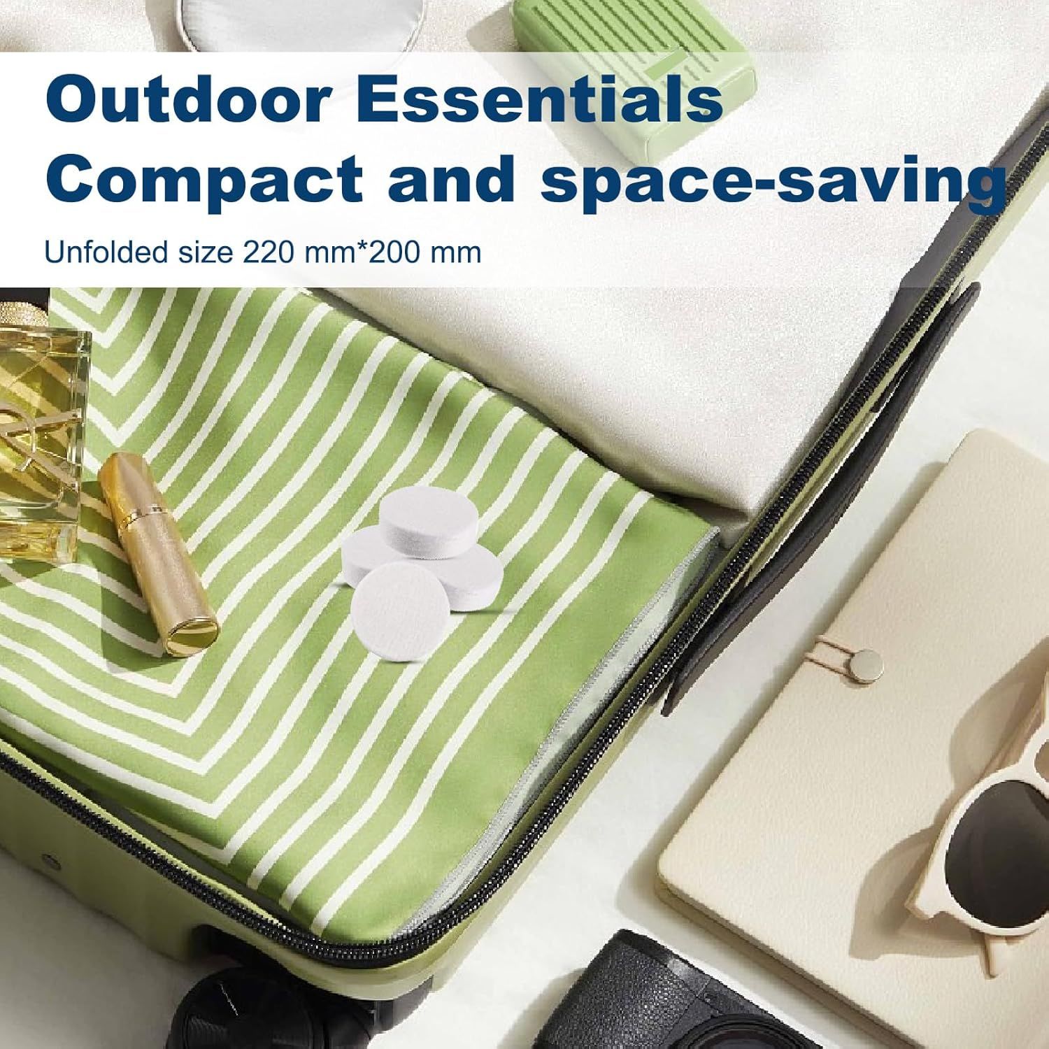 Communicates the product's compact, space-saving design by showing its unfolded dimensions (220mm x 200mm), reassuring shoppers that it's portable and ideal for outdoor use. Highlights the product's…