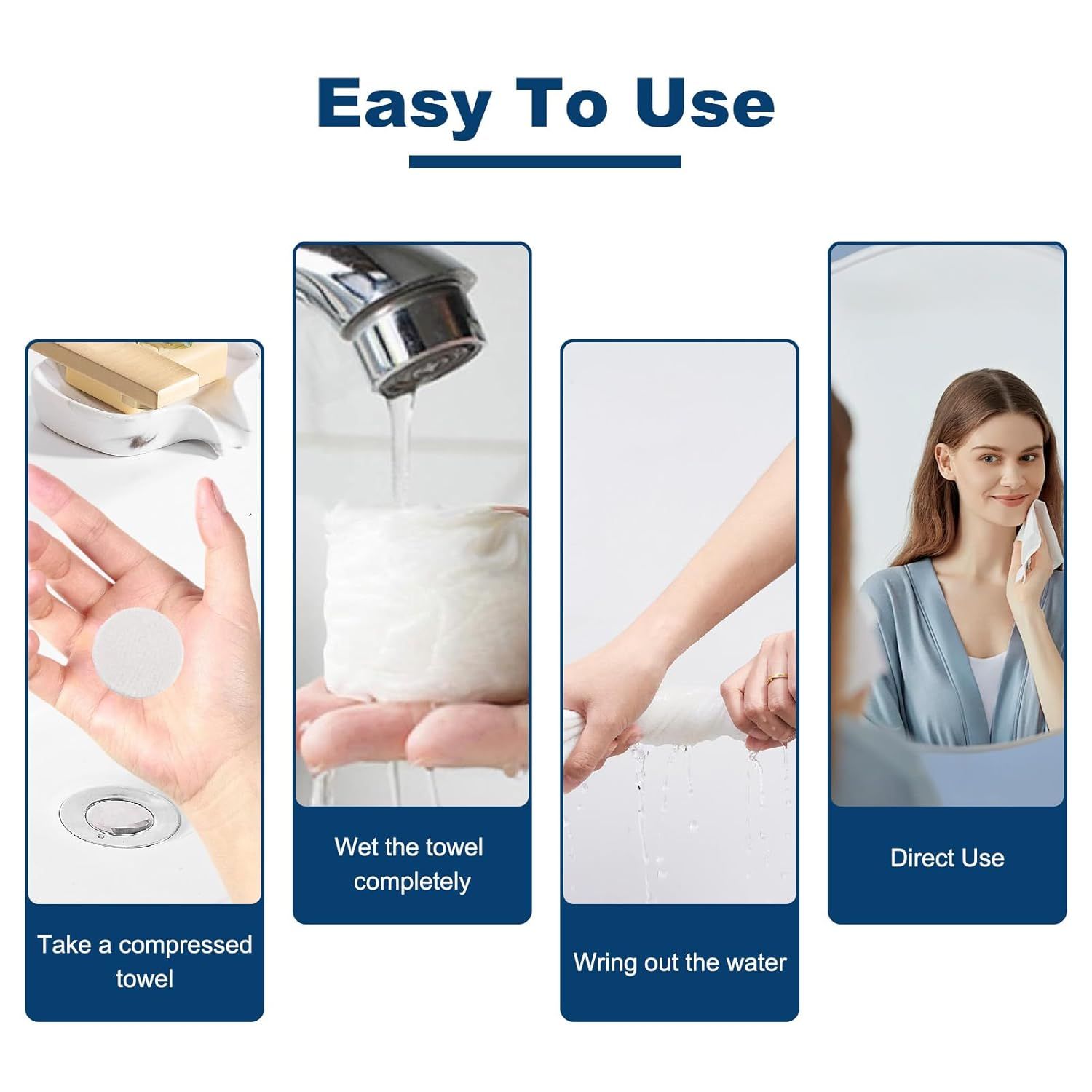 Demonstrates the simple 4-step process for using compressed towels, reassuring shoppers that the product is convenient and straightforward to prepare.