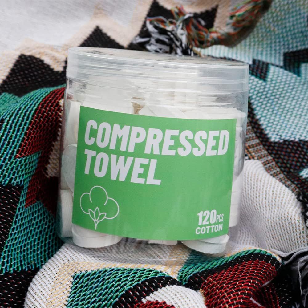 Shows the customer what they receive in the package—a clear container with 120 compressed cotton towels—to communicate quantity and value.