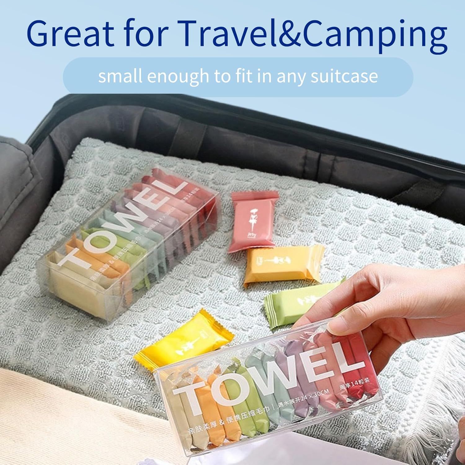 Demonstrates that the product is compact and portable, perfect for travel and camping scenarios by showing it fits easily in a suitcase. Highlights the product's compact size and portability as a…