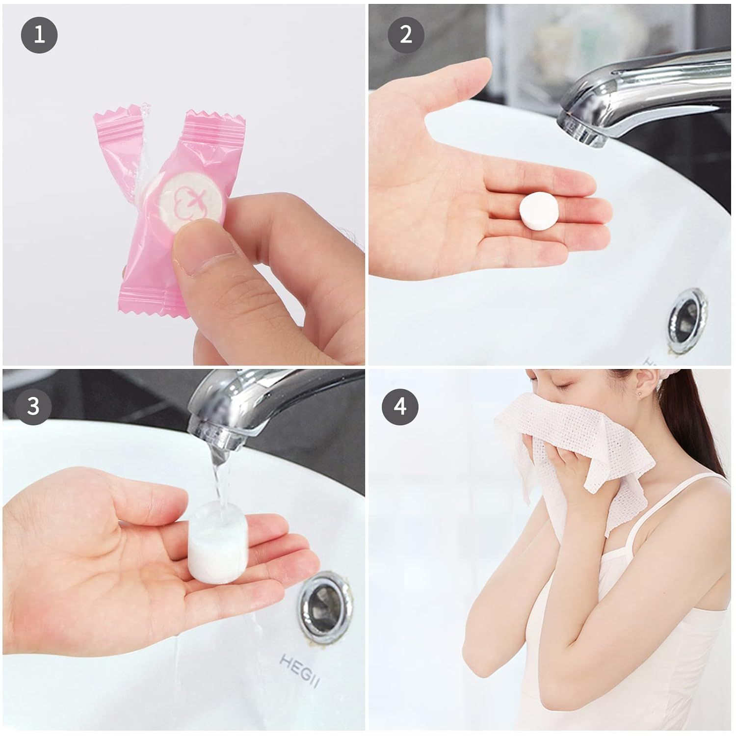 Demonstrates the simple 4-step process for using the product, showing shoppers exactly how to open, wet, expand, and use the compressed towel or facial product.