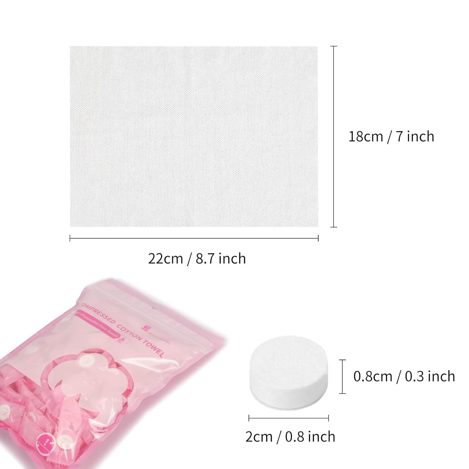 Communicates the exact physical dimensions of the product components (towel and compressed tablet) to help shoppers understand the size before purchase.