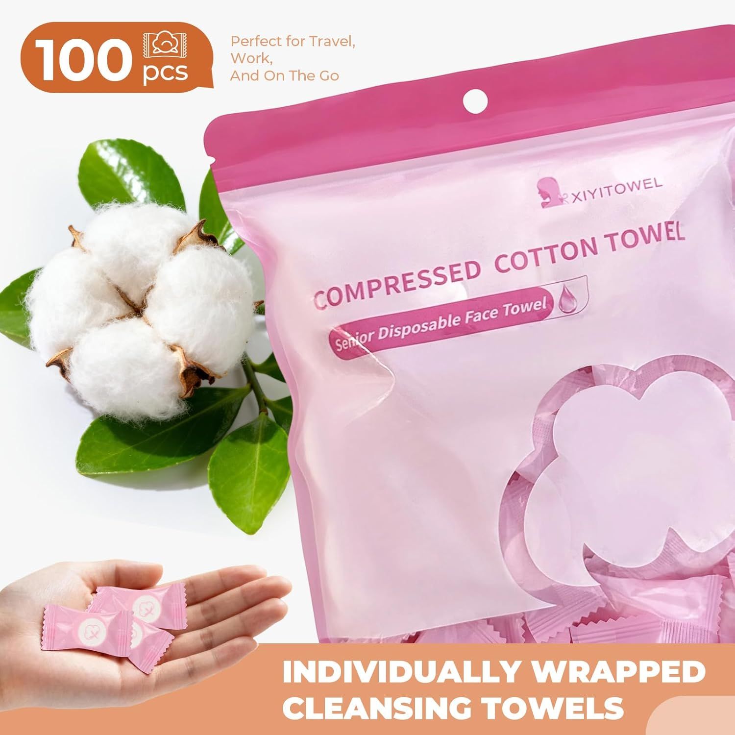 Communicates multiple selling benefits of the compressed cotton towels: high quantity (100 pcs), portability for travel and work, individual wrapping for hygiene, and cotton material quality.