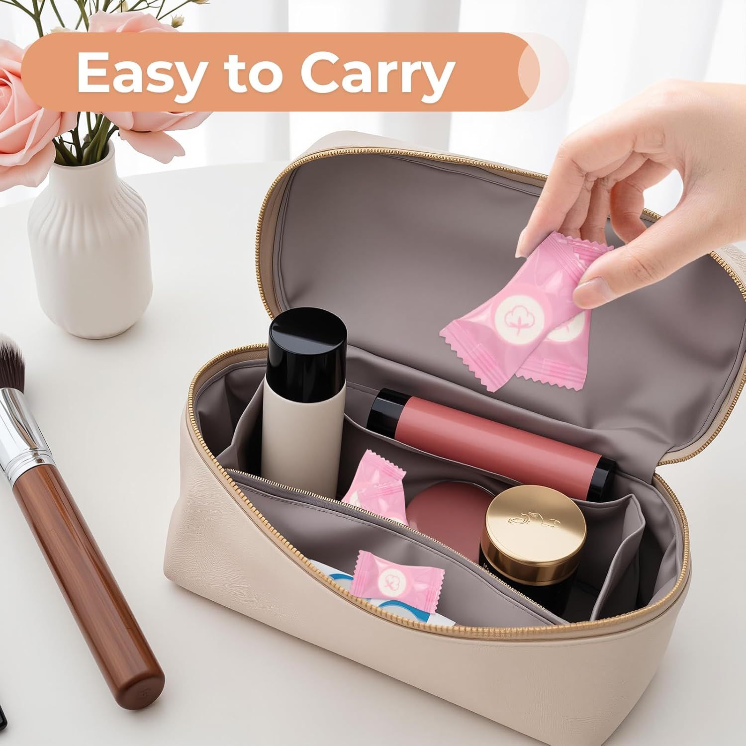 Communicates that the makeup bag is portable and convenient for travel or on-the-go use, emphasizing ease of carrying.