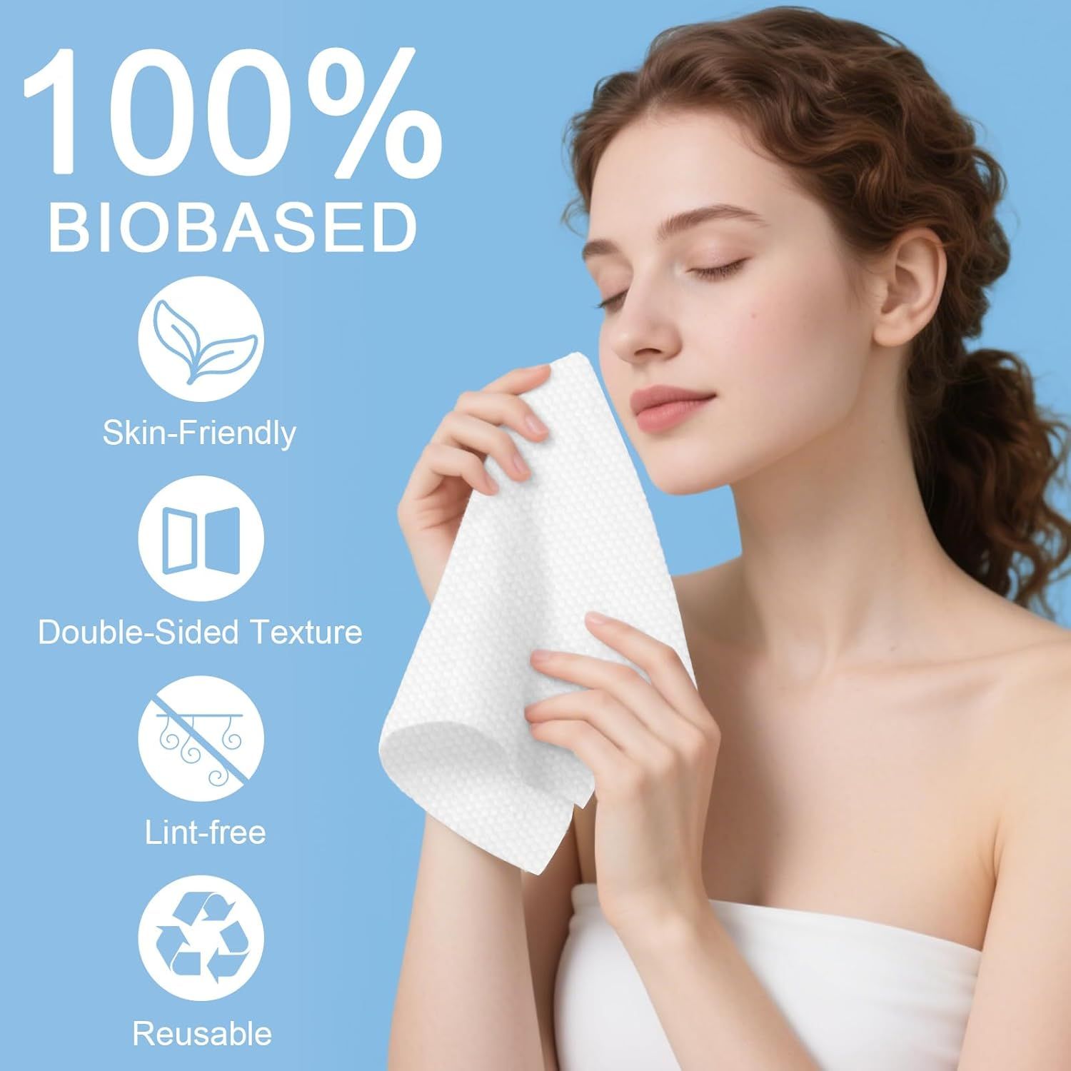 Communicates multiple product benefits in a segmented vertical layout with icons, highlighting the eco-friendly, skin-safe, and functional features of the facial towel to reassure shoppers of its…