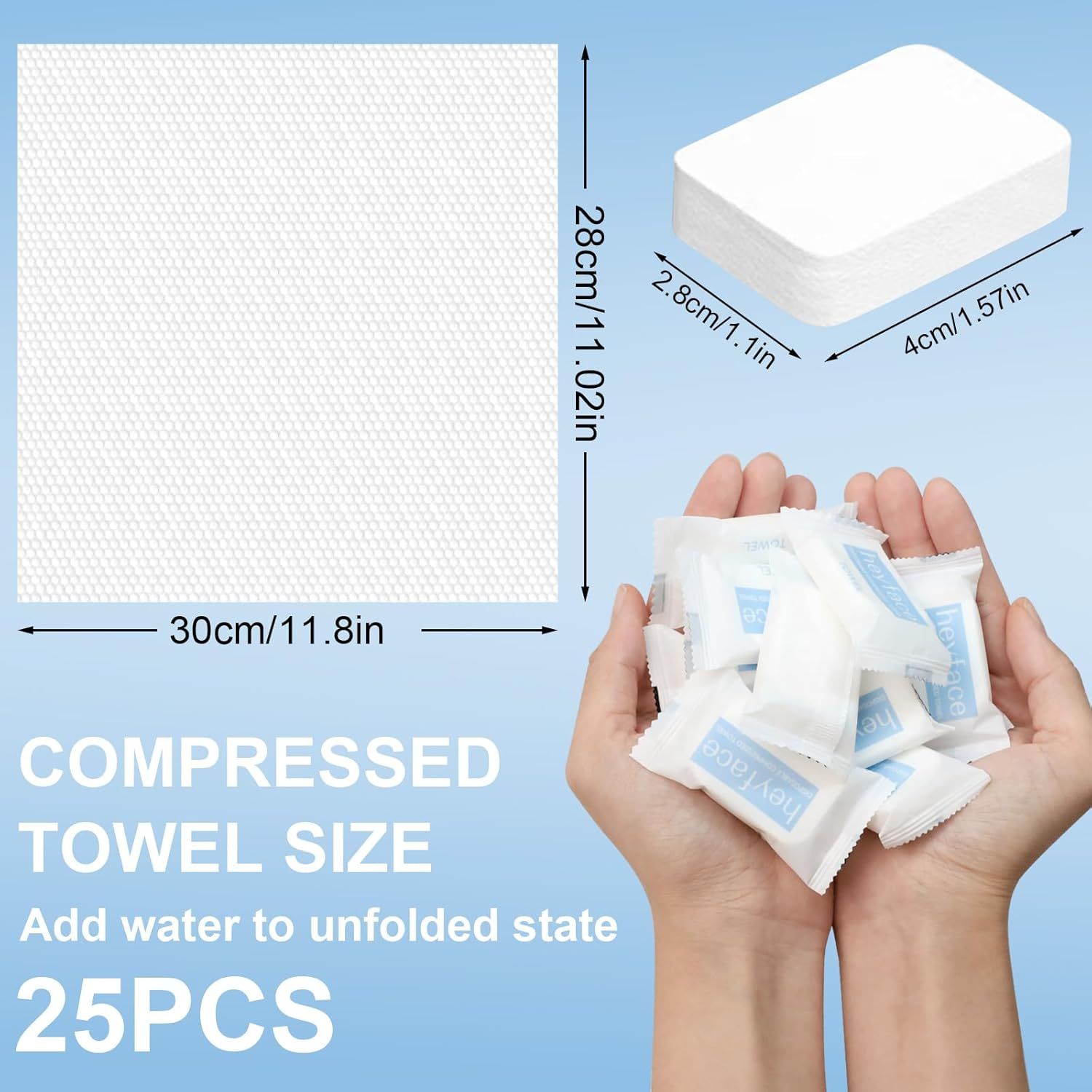 Communicates the physical dimensions of the compressed towels and their unfolded size, helping shoppers understand the product's compact portability and full-size functionality when expanded with…