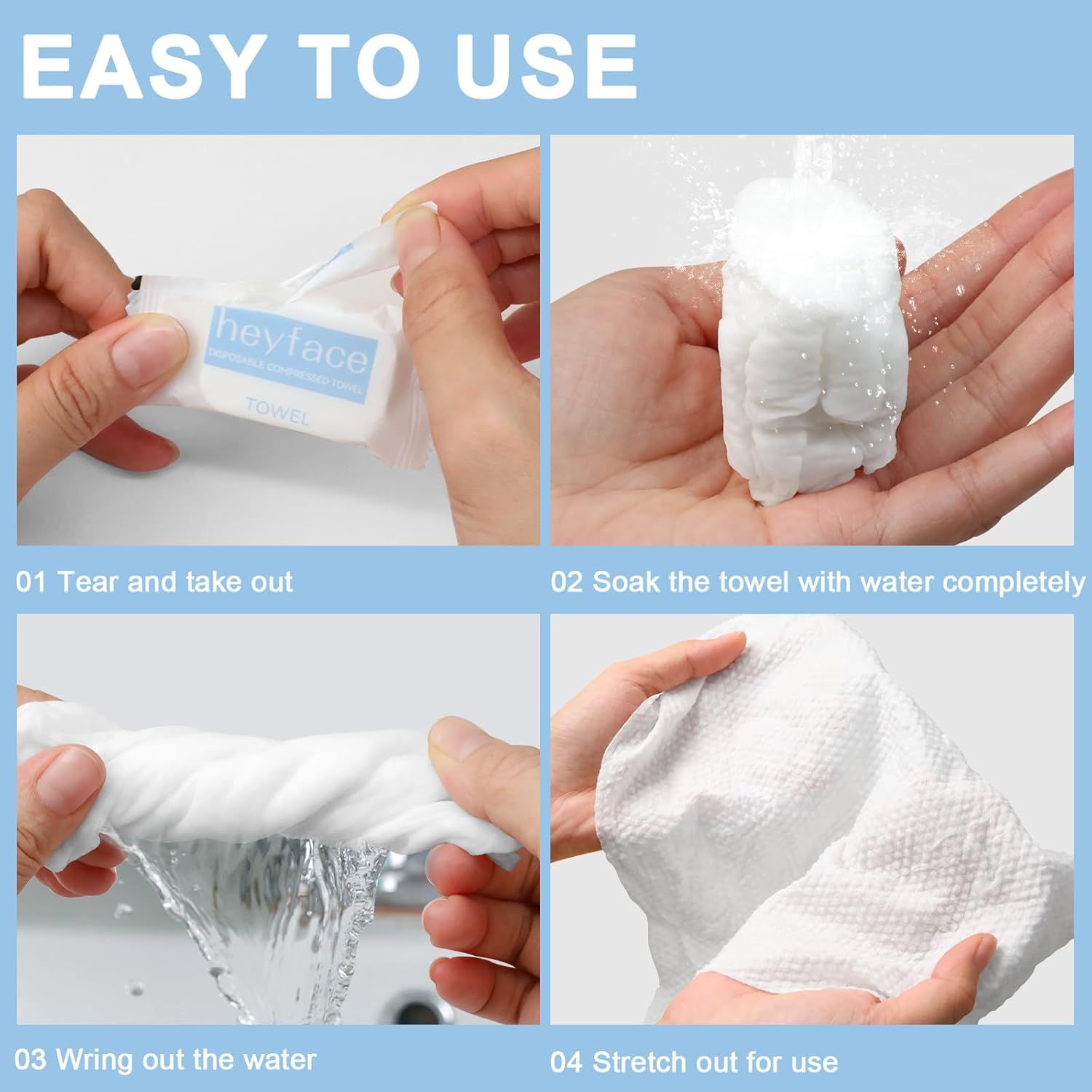 Demonstrates the simple 4-step process for preparing and using the compressed towel, reassuring shoppers that the product is convenient and user-friendly.