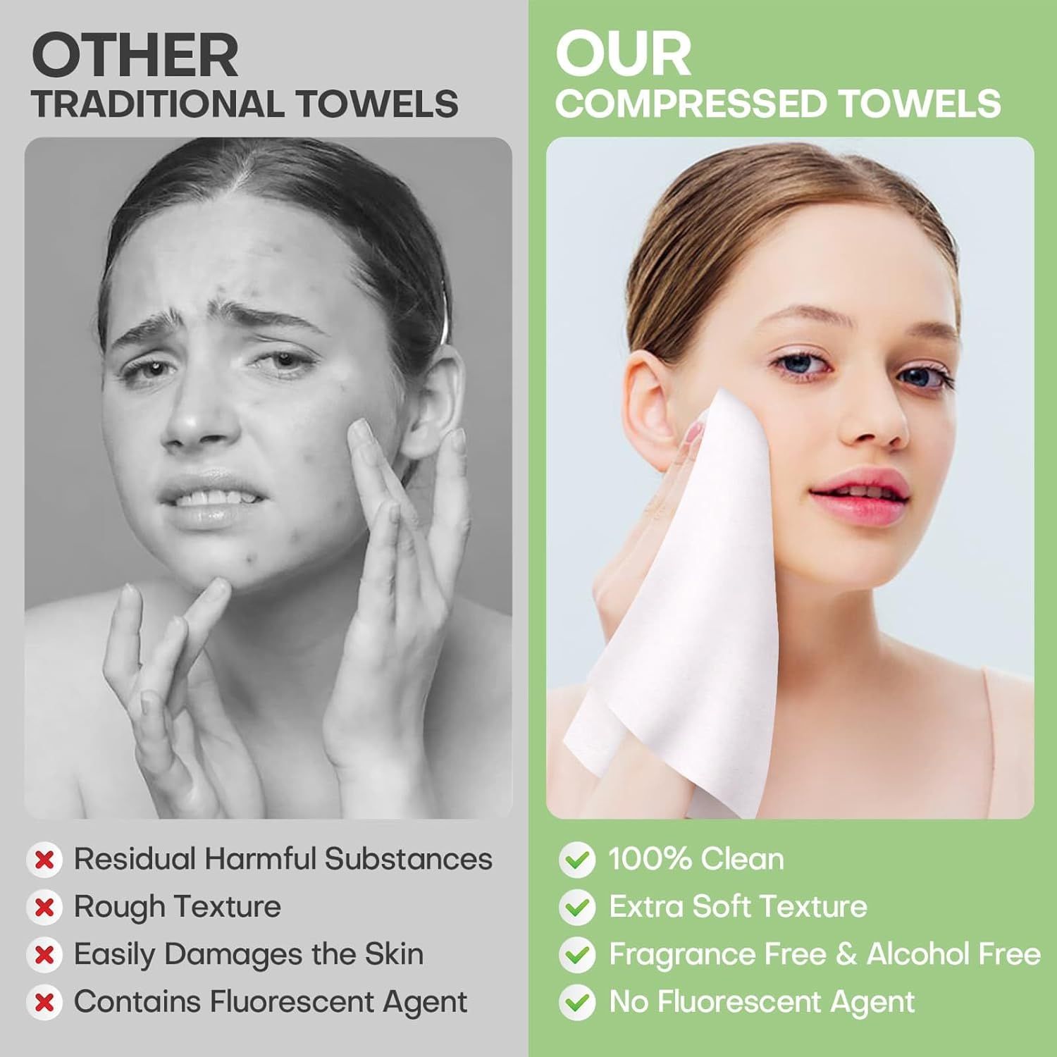 Demonstrates the superiority of the brand's compressed towels over traditional towels by contrasting negative effects (skin irritation, rough texture, harmful substances) with positive benefits…