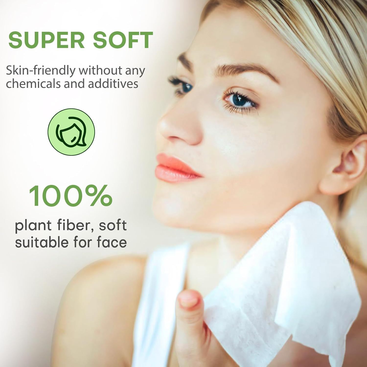 Communicates that the product is safe for sensitive skin and environmentally responsible, made from 100% plant fiber without harmful chemicals or additives. Highlights the product's softness and…