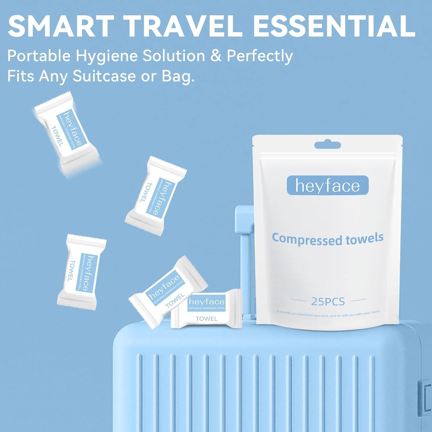 Communicates that the compressed towels are a smart travel essential that is portable, compact, and fits easily in any suitcase or bag for convenient hygiene on the go.
