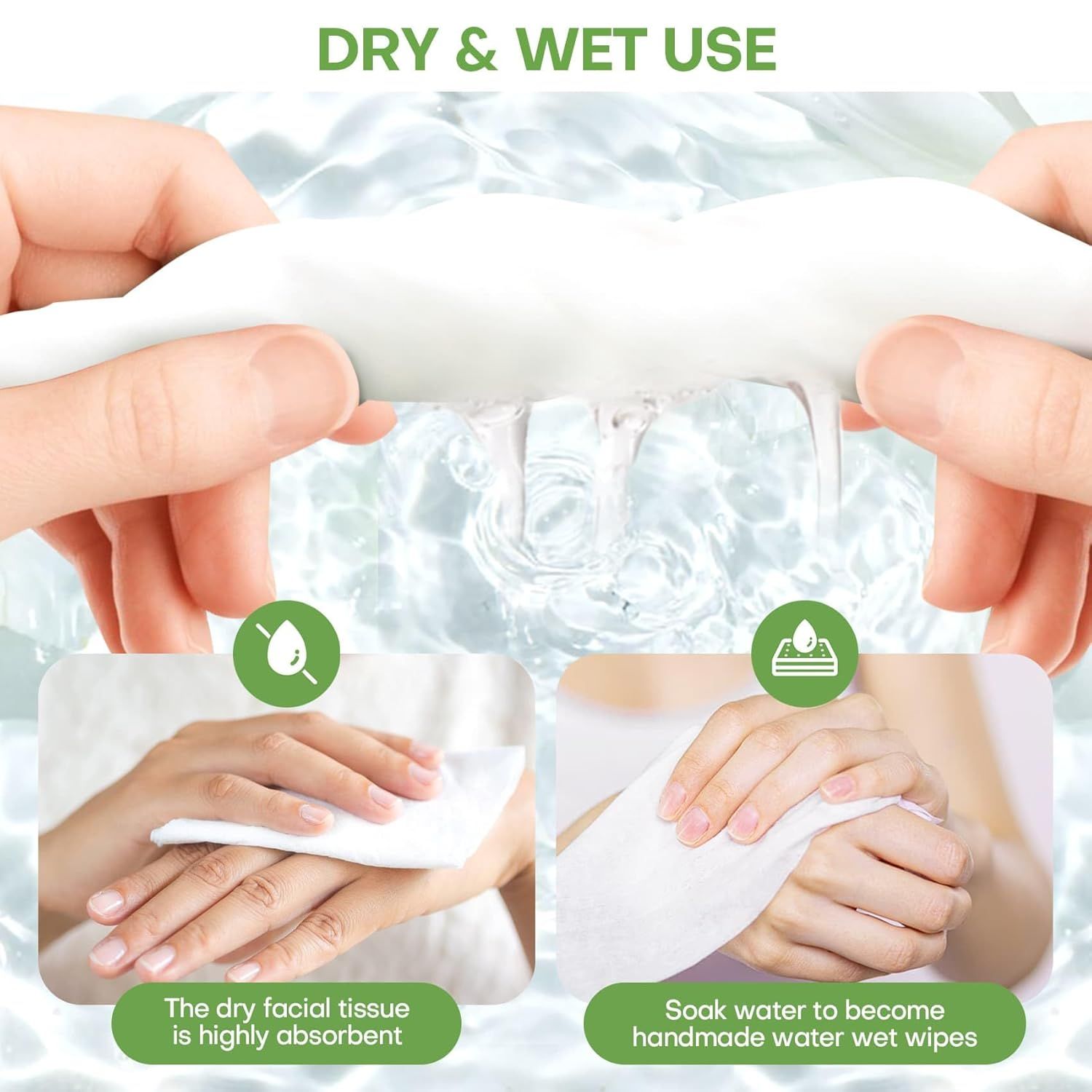 Demonstrates the product's versatility by showing it can be used both as a dry facial tissue and as a wet wipe when soaked in water, highlighting multiple use cases.