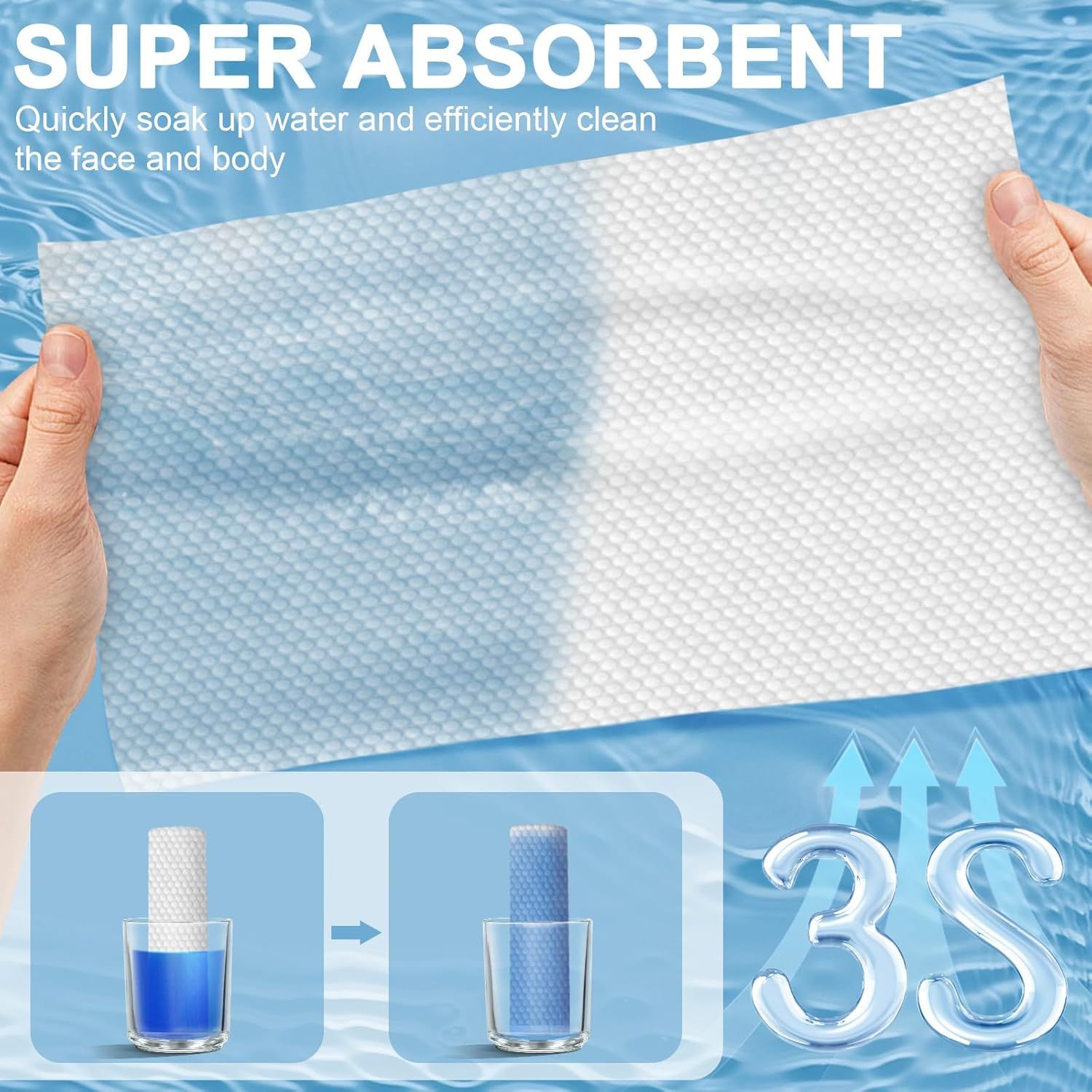 Communicates the product's superior water absorption capability, reassuring shoppers that the towel quickly soaks up water and efficiently cleans face and body.