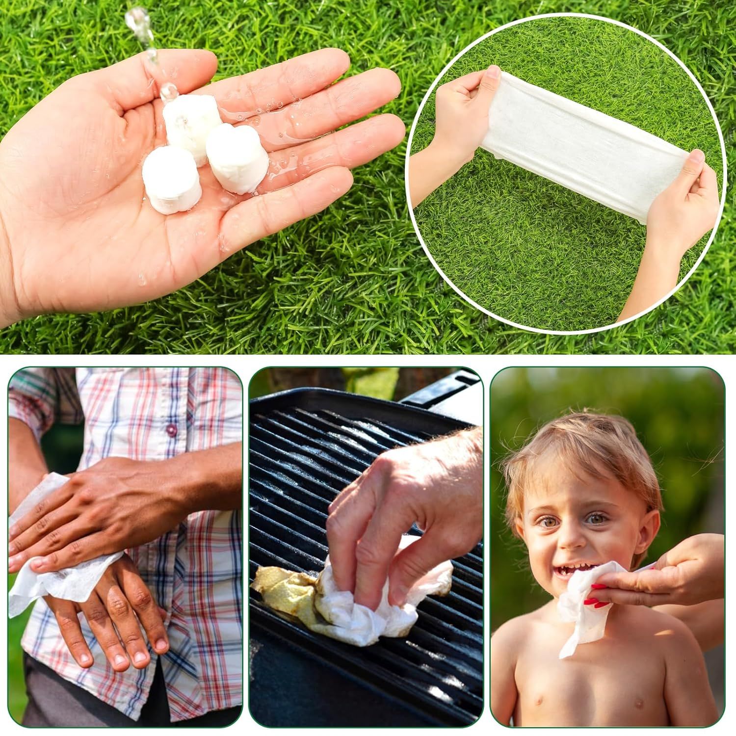 Demonstrates the product's versatility across multiple real-world scenarios including hand cleaning, grill cleaning, and child hygiene to show shoppers the wide range of practical applications.