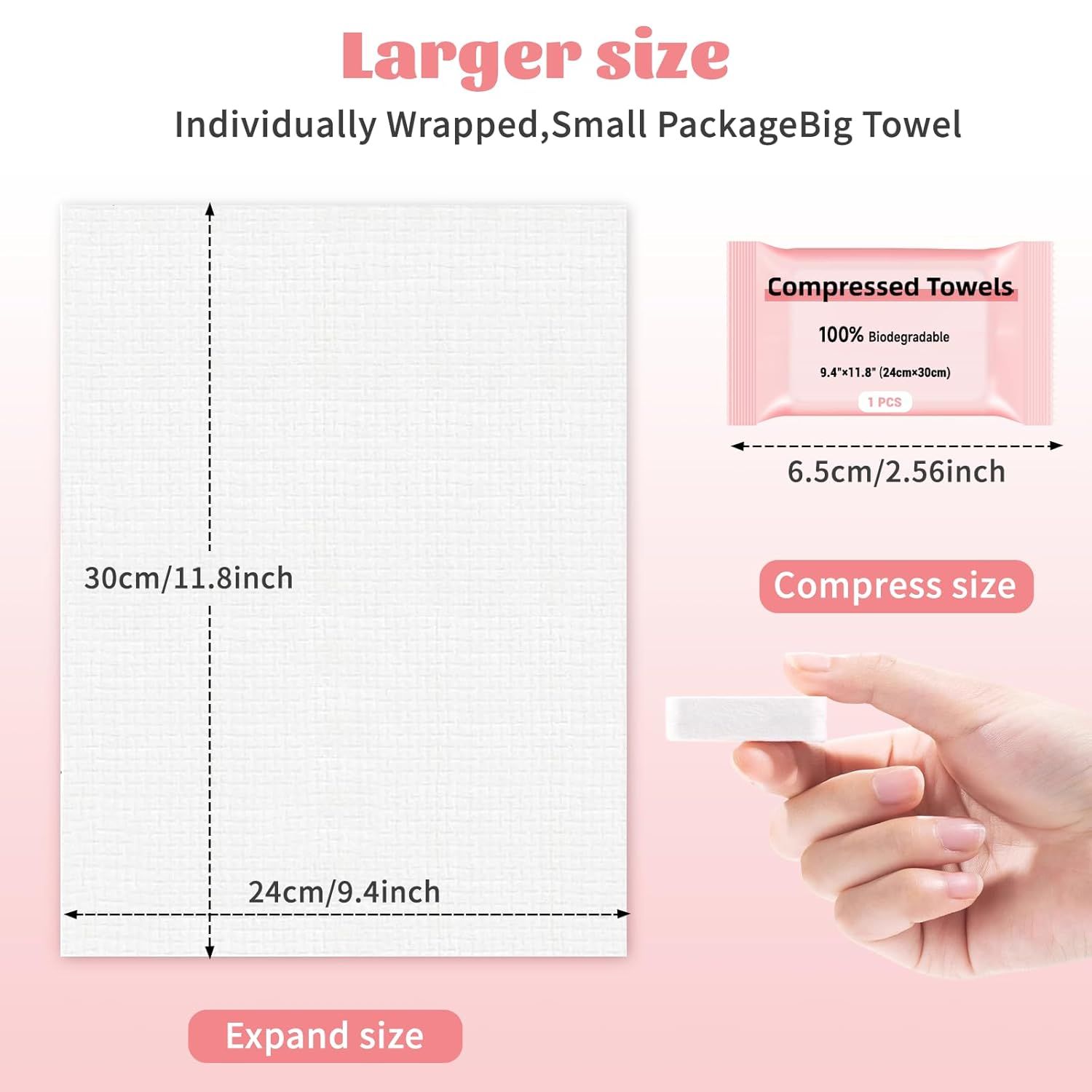 Demonstrates the product's dual sizing—showing both the compact compressed package size for portability and the full expanded towel dimensions to reassure shoppers about actual usable size.…