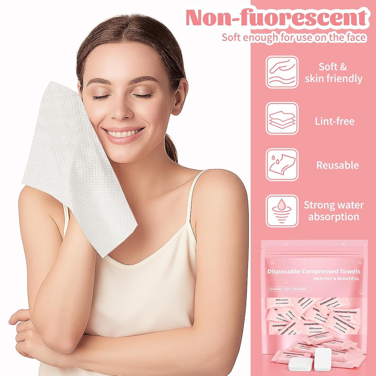 Communicates multiple distinct benefits of the disposable compressed towels in a segmented layout with icons, reassuring shoppers of the product's quality, versatility, and skin-safe properties.