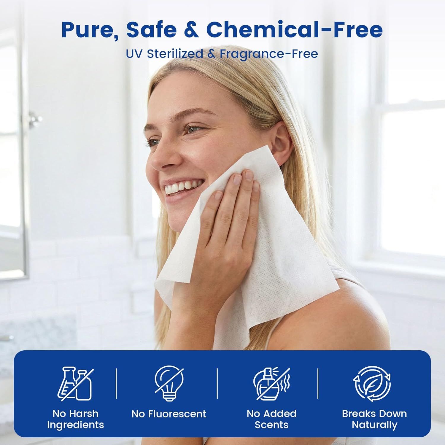 Communicates multiple safety and environmental benefits of the product through a segmented layout with icons, reassuring shoppers that the product is safe, pure, and eco-friendly.