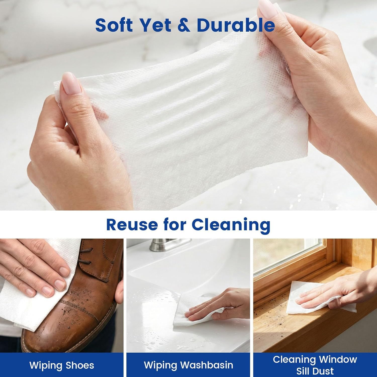 Demonstrates the product's versatility by showing multiple cleaning applications (shoes, washbasin, window sills) to reassure shoppers that this reusable towel works across different surfaces and…