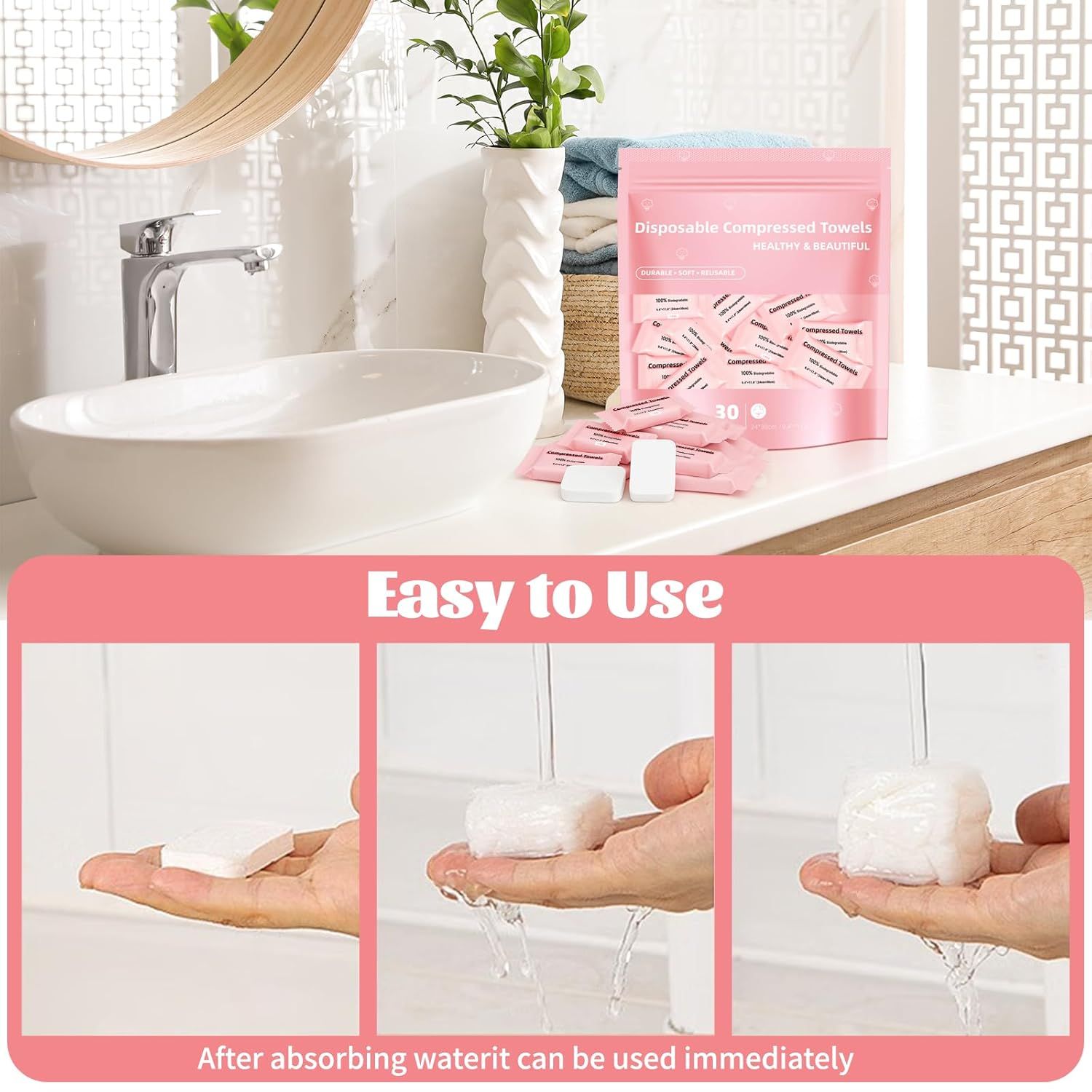 Demonstrates the simple 3-step process of using the compressed towels: place in hand, add water, and watch it expand for immediate use. Highlights the convenience and simplicity of the product,…
