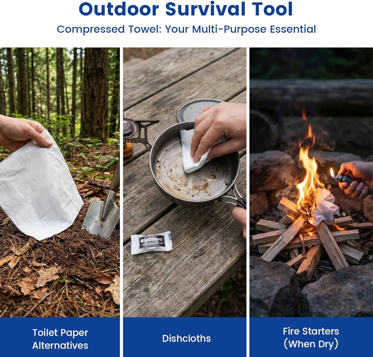 Demonstrates the versatility of the compressed towel by showing three distinct outdoor survival applications, reassuring shoppers that this is a multi-functional essential tool.